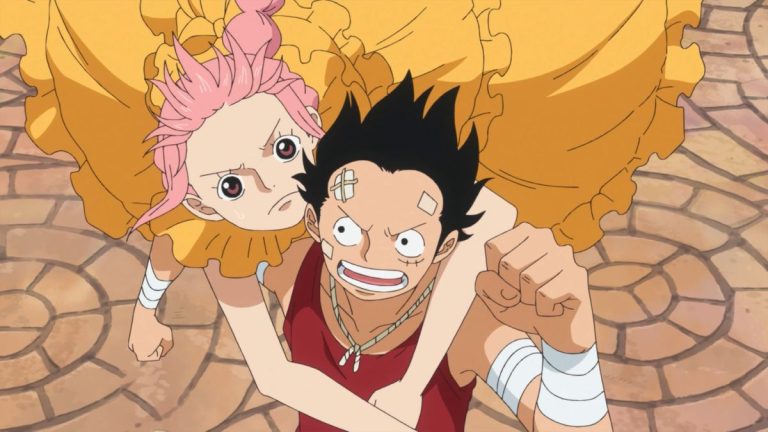 Official One Piece Episode 742 story scene from Kyros, Rebecca, Scarlett, Luffy, Fujitora, King Riku, Cavendish, Bartolomeo, Sai, Baby 5, Ideo, Leo, Hajrudin, Orlumbus, the Straw Hat Grand Fleet, Kaido, and the Worst Generation