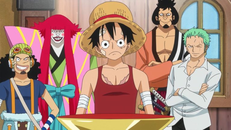 Official One Piece Episode 745 story scene from Kyros, Rebecca, Scarlett, Luffy, Fujitora, King Riku, Cavendish, Bartolomeo, Sai, Baby 5, Ideo, Leo, Hajrudin, Orlumbus, the Straw Hat Grand Fleet, Kaido, and the Worst Generation