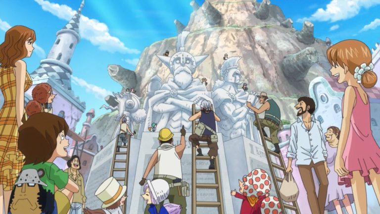 Official One Piece Episode 746 story scene from Kyros, Rebecca, Scarlett, Luffy, Fujitora, King Riku, Cavendish, Bartolomeo, Sai, Baby 5, Ideo, Leo, Hajrudin, Orlumbus, the Straw Hat Grand Fleet, Kaido, and the Worst Generation