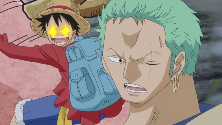 Official One Piece Episode 753 story scene from Edward Weevil, Miss Bakkin, Kizaru, Luffy, Trafalgar Law, Zoro, Kanjuro, Ryunosuke, Zunesha, Wanda, Carrot, Roddy, Nami, Chopper, Brook, Sanji, Caesar Clown, Sheepshead, and the Mink Tribe