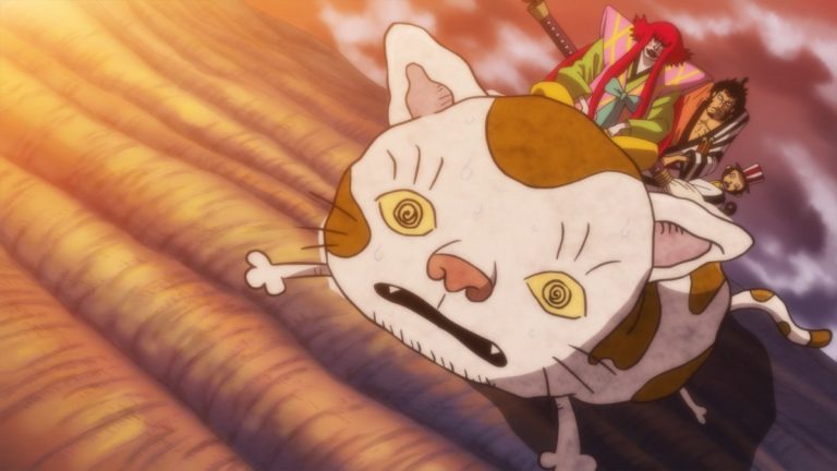 Official One Piece Episode 755 story scene from Edward Weevil, Miss Bakkin, Kizaru, Luffy, Trafalgar Law, Zoro, Kanjuro, Ryunosuke, Zunesha, Wanda, Carrot, Roddy, Nami, Chopper, Brook, Sanji, Caesar Clown, Sheepshead, and the Mink Tribe