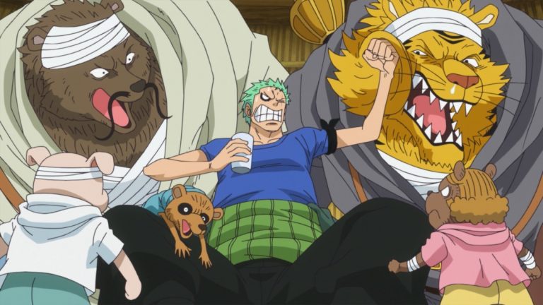 Official One Piece Episode 756 story scene from Edward Weevil, Miss Bakkin, Kizaru, Luffy, Trafalgar Law, Zoro, Kanjuro, Ryunosuke, Zunesha, Wanda, Carrot, Roddy, Nami, Chopper, Brook, Sanji, Caesar Clown, Sheepshead, and the Mink Tribe