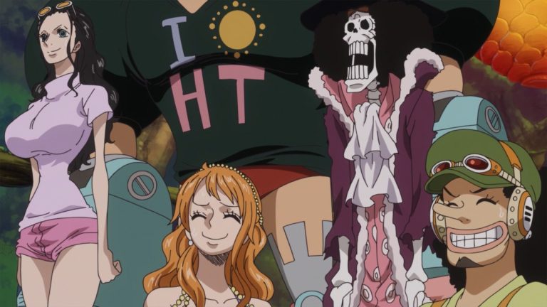 Official One Piece Episode 758 story scene from Jack, Duke Inuarashi, Master Nekomamushi, Pedro, Wanda, Carrot, the Musketeers, the Guardians, Sheepshead, Sanji, Nami, Chopper, Brook, Caesar Clown, Raizo, and the Mink Tribe
