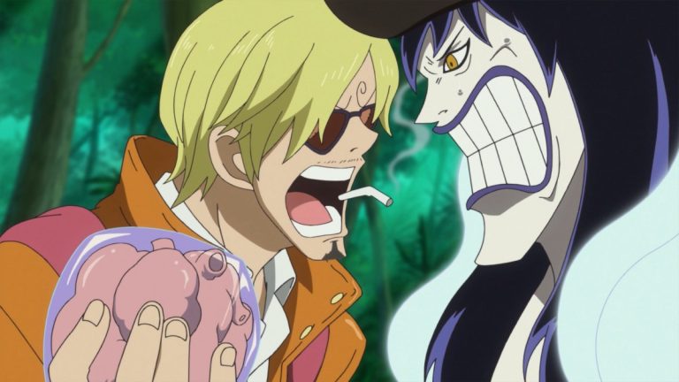 Official One Piece Episode 761 story scene from Jack, Duke Inuarashi, Master Nekomamushi, Pedro, Wanda, Carrot, the Musketeers, the Guardians, Sheepshead, Sanji, Nami, Chopper, Brook, Caesar Clown, Raizo, and the Mink Tribe