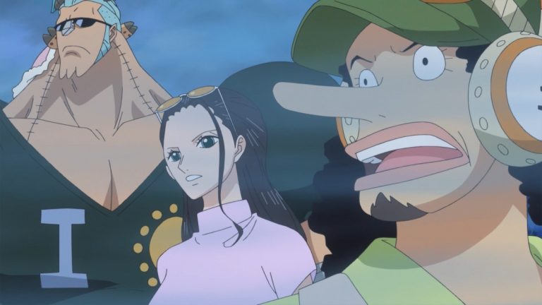 Official One Piece Episode 762 story scene from Pekoms, Capone Bege, Sanji, Nami, Chopper, Brook, Caesar Clown, Charlotte Pudding, Big Mom, the Vinsmoke family, Master Nekomamushi, Luffy, and the Mink Tribe