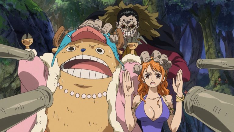 Official One Piece Episode 763 story scene from Pekoms, Capone Bege, Sanji, Nami, Chopper, Brook, Caesar Clown, Charlotte Pudding, Big Mom, the Vinsmoke family, Master Nekomamushi, Luffy, and the Mink Tribe