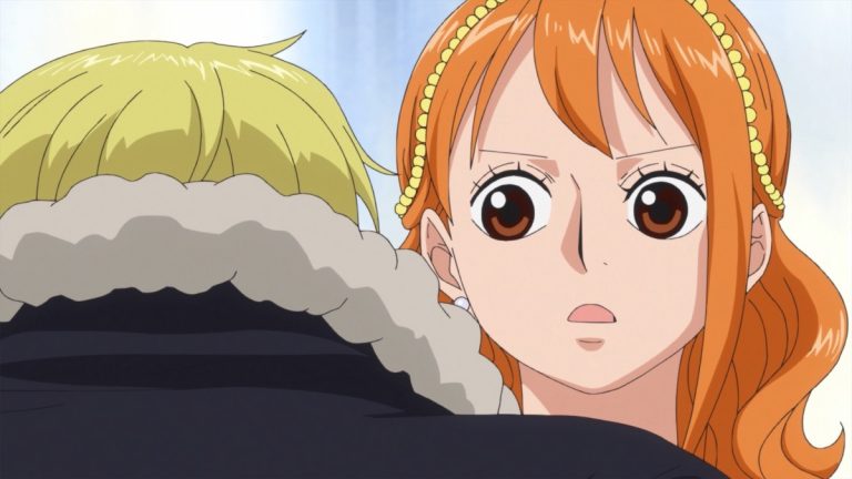 Official One Piece Episode 764 story scene from Pekoms, Capone Bege, Sanji, Nami, Chopper, Brook, Caesar Clown, Charlotte Pudding, Big Mom, the Vinsmoke family, Master Nekomamushi, Luffy, and the Mink Tribe
