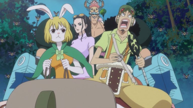 Official One Piece Episode 765 story scene from Pekoms, Capone Bege, Sanji, Nami, Chopper, Brook, Caesar Clown, Charlotte Pudding, Big Mom, the Vinsmoke family, Master Nekomamushi, Luffy, and the Mink Tribe