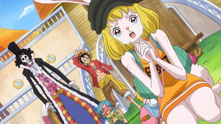 Official One Piece Episode 778 story scene from Vivi, Shirahoshi, Rebecca, King Cobra, King Neptune, King Riku, Dalton, Kureha, Wapol, Kaido, Eustass Kid, Scratchmen Apoo, Basil Hawkins, Luffy, Nami, Chopper, Brook, Carrot, Pedro, Pekoms, Grant, Bonham, Zappa, Prodi, and Garp