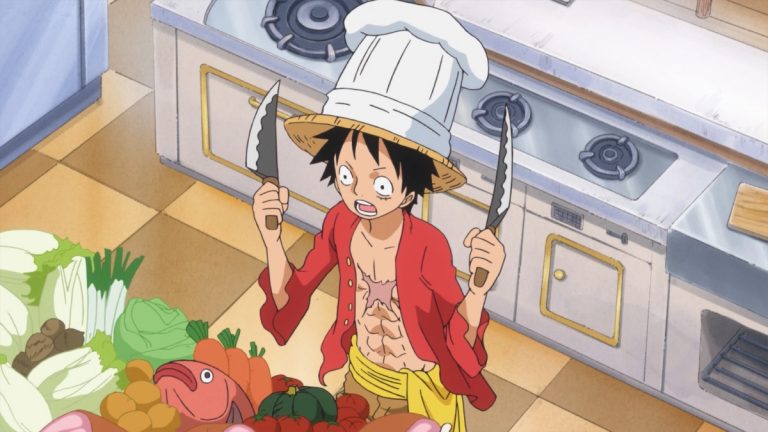 Official One Piece Episode 779 story scene from Vivi, Shirahoshi, Rebecca, King Cobra, King Neptune, King Riku, Dalton, Kureha, Wapol, Kaido, Eustass Kid, Scratchmen Apoo, Basil Hawkins, Luffy, Nami, Chopper, Brook, Carrot, Pedro, Pekoms, Grant, Bonham, Zappa, Prodi, and Garp