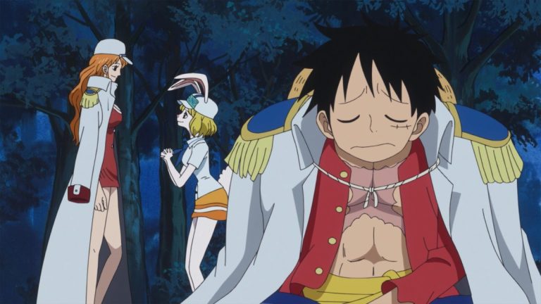Official One Piece Episode 780 story scene from Vivi, Shirahoshi, Rebecca, King Cobra, King Neptune, King Riku, Dalton, Kureha, Wapol, Kaido, Eustass Kid, Scratchmen Apoo, Basil Hawkins, Luffy, Nami, Chopper, Brook, Carrot, Pedro, Pekoms, Grant, Bonham, Zappa, Prodi, and Garp