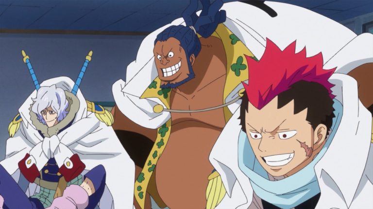 Official One Piece Episode 781 story scene from Vivi, Shirahoshi, Rebecca, King Cobra, King Neptune, King Riku, Dalton, Kureha, Wapol, Kaido, Eustass Kid, Scratchmen Apoo, Basil Hawkins, Luffy, Nami, Chopper, Brook, Carrot, Pedro, Pekoms, Grant, Bonham, Zappa, Prodi, and Garp