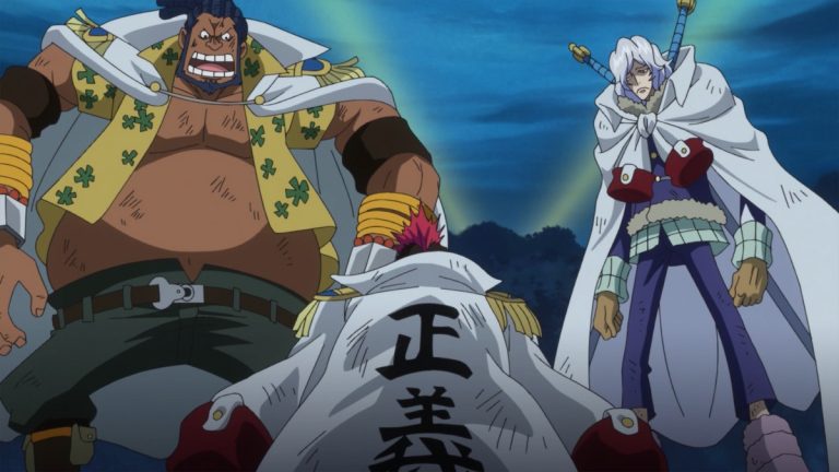 Official One Piece Episode 782 story scene from Grant, Prodi, Bonham, Zappa, Luffy, Sanji, Nami, Chopper, Brook, Carrot, Pedro, Pekoms, Yonji, Reiju, Germa 66, the Vinsmoke family, Big Mom, and the citizens of Totto Land