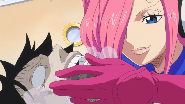 Official One Piece Episode 785 story scene from Grant, Prodi, Bonham, Zappa, Luffy, Sanji, Nami, Chopper, Brook, Carrot, Pedro, Pekoms, Yonji, Reiju, Germa 66, the Vinsmoke family, Big Mom, and the citizens of Totto Land