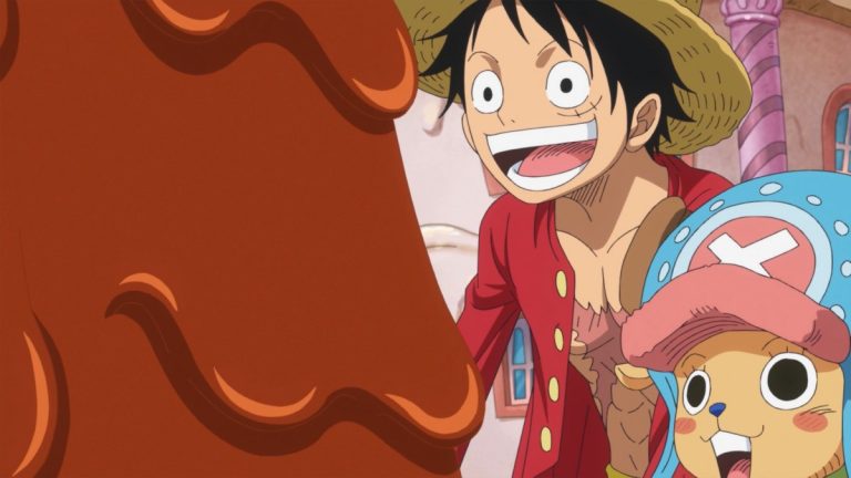 Official One Piece Episode 786 story scene from Grant, Prodi, Bonham, Zappa, Luffy, Sanji, Nami, Chopper, Brook, Carrot, Pedro, Pekoms, Yonji, Reiju, Germa 66, the Vinsmoke family, Big Mom, and the citizens of Totto Land