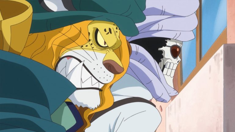 Official One Piece Episode 795 story scene from Brûlée, Luffy, Nami, Chopper, Carrot, Randolph, Sanji, Yonji, Reiju, Judge, Germa 66, Brook, Pedro, Jinbe, Bege, Pekoms, Caesar Clown, Big Mom, Perospero, Pound, Cracker, and the Homies