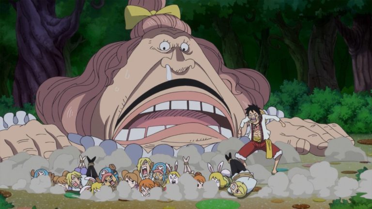 Official One Piece Episode 796 story scene from Brûlée, Luffy, Nami, Chopper, Carrot, Randolph, Sanji, Yonji, Reiju, Judge, Germa 66, Brook, Pedro, Jinbe, Bege, Pekoms, Caesar Clown, Big Mom, Perospero, Pound, Cracker, and the Homies