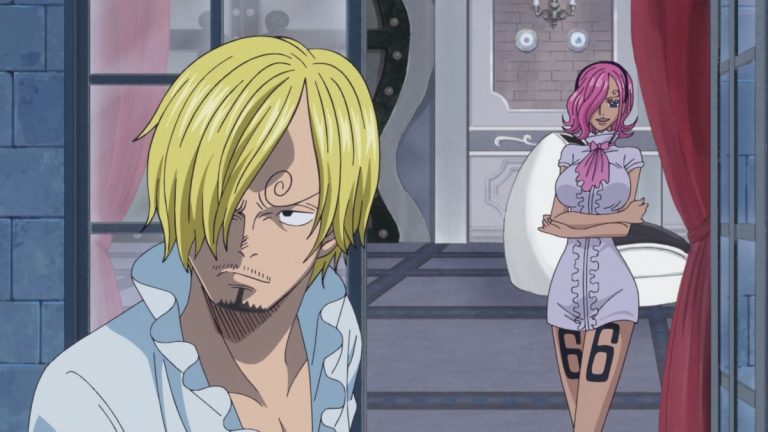 Official One Piece Episode 799 story scene from Luffy, Nami, Pound, Lola, Brûlée, Randolph, Kingbaum, Cracker, Sanji, Reiju, Judge, Ichiji, Niji, Yonji, Cosette, Zeff, Big Mom, Chopper, Carrot, Brook, Pedro, and the Homies