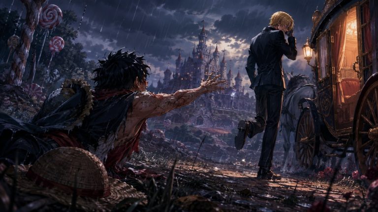 Original editorial illustration of a battered pirate captain reaching toward a grieving blond cook beside a carriage in a rain-soaked candy forest