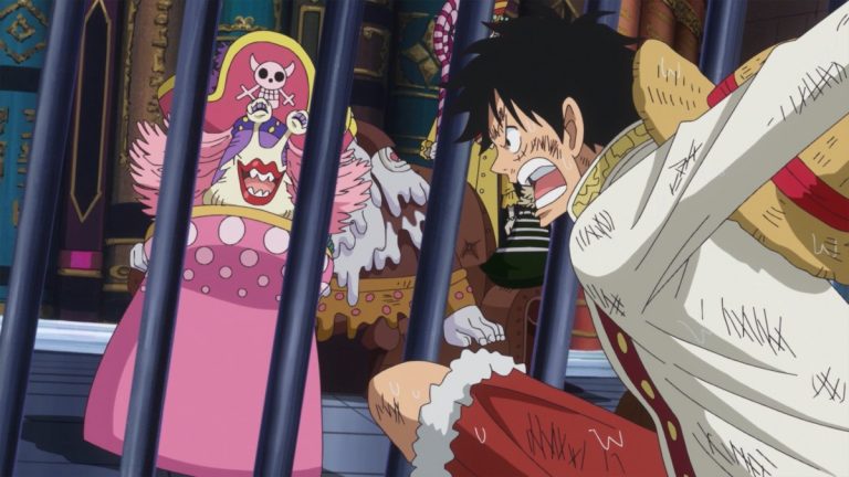 Official One Piece Episode 813 story scene from Luffy, Nami, Big Mom, Brook, Pedro, Smoothie, Tamago, Pudding, Sanji, Chopper, Carrot, Brûlée, Lola, Zepo, Pekoms, Judge, Mont-d’Or, Perospero, Zeus, Prometheus, Napoleon, and the Poneglyphs