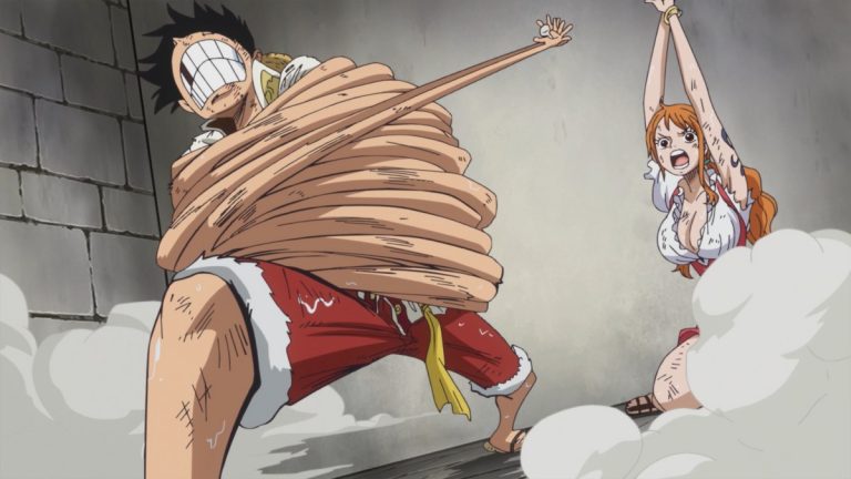 Official One Piece Episode 816 story scene from Luffy, Nami, Big Mom, Brook, Pedro, Smoothie, Tamago, Pudding, Sanji, Chopper, Carrot, Brûlée, Lola, Zepo, Pekoms, Judge, Mont-d’Or, Perospero, Zeus, Prometheus, Napoleon, and the Poneglyphs