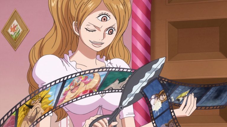Official One Piece Episode 818 story scene from Sanji, Pudding, Reiju, Sora, Luffy, Nami, Jinbe, Brook, Big Mom, Pedro, Tamago, Chopper, Carrot, Brûlée, Zeff, Judge, Mont-d’Or, Opera, Zeus, Prometheus, Napoleon, and the Poneglyphs