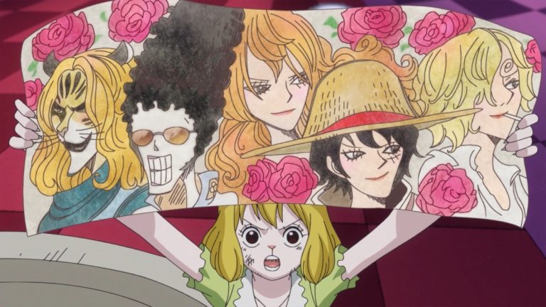 Official One Piece Episode 821 story scene from Sanji, Pudding, Reiju, Sora, Luffy, Nami, Jinbe, Brook, Big Mom, Pedro, Tamago, Chopper, Carrot, Brûlée, Zeff, Judge, Mont-d’Or, Opera, Zeus, Prometheus, Napoleon, and the Poneglyphs