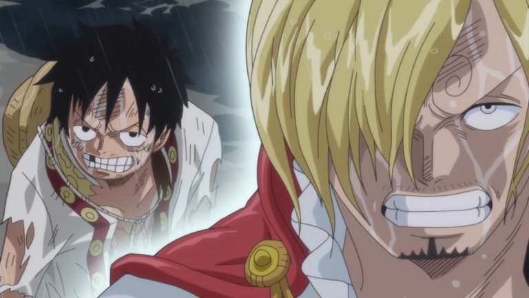 Official One Piece Episode 824 story scene from Sanji, Luffy, Brook, Big Mom, Jinbe, Nami, Pedro, Carrot, Chopper, Reiju, Bege, Bobbin, Counter, Mont-d’Or, Judge, Germa, Pudding, Brûlée, Prometheus, Zeff, Pekoms, and the Poneglyphs