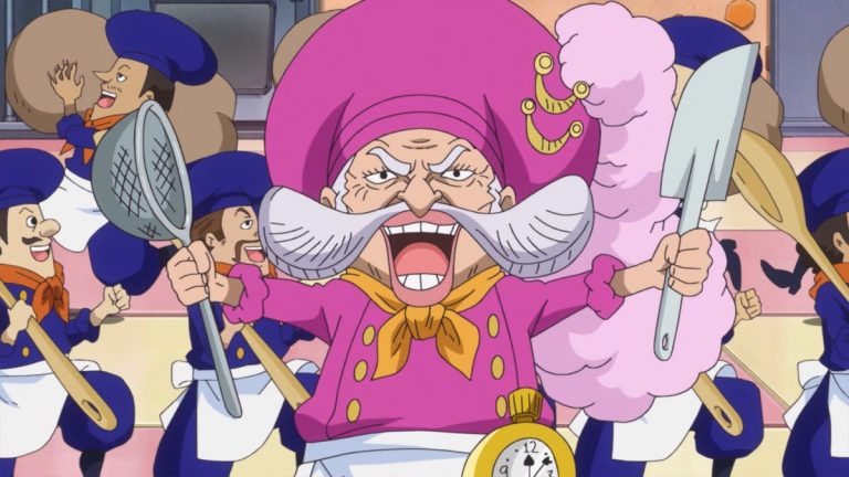 Official One Piece Episode 827 story scene from Luffy, Sanji, Pudding, Bege, Chiffon, Pez, Jinbe, Caesar, Big Mom, Katakuri, Judge, Nami, Pekoms, Aladine, Streusen, Morgans, Stussy, Vito, Gotti, Germa, Mother Carmel, and the tea party guests