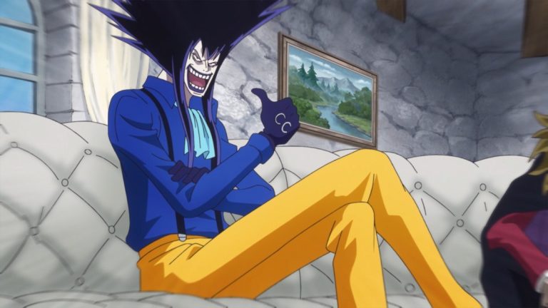 Official One Piece Episode 828 story scene from Luffy, Sanji, Pudding, Bege, Chiffon, Pez, Jinbe, Caesar, Big Mom, Katakuri, Judge, Nami, Pekoms, Aladine, Streusen, Morgans, Stussy, Vito, Gotti, Germa, Mother Carmel, and the tea party guests