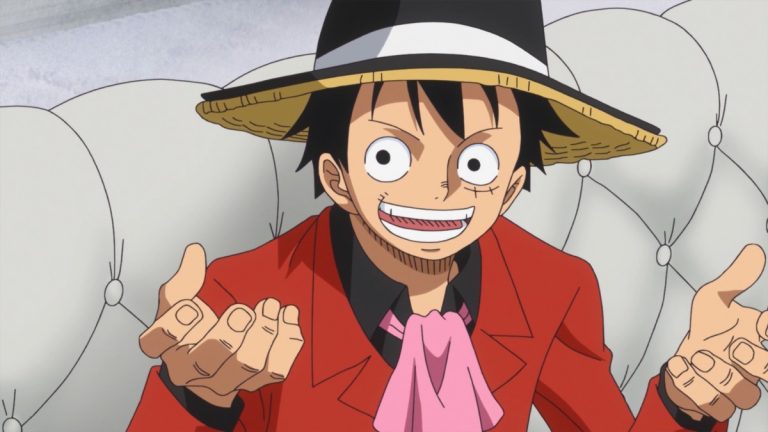 Official One Piece Episode 829 story scene from Luffy, Sanji, Pudding, Bege, Chiffon, Pez, Jinbe, Caesar, Big Mom, Katakuri, Judge, Nami, Pekoms, Aladine, Streusen, Morgans, Stussy, Vito, Gotti, Germa, Mother Carmel, and the tea party guests