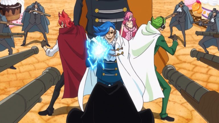 Official One Piece Episode 830 story scene from Luffy, Sanji, Pudding, Bege, Chiffon, Pez, Jinbe, Caesar, Big Mom, Katakuri, Judge, Nami, Pekoms, Aladine, Streusen, Morgans, Stussy, Vito, Gotti, Germa, Mother Carmel, and the tea party guests