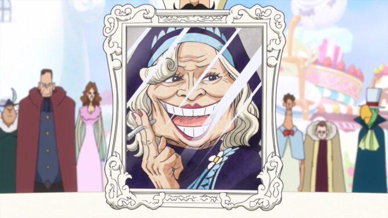 Official One Piece Episode 831 story scene from Luffy, Sanji, Pudding, Bege, Chiffon, Pez, Jinbe, Caesar, Big Mom, Katakuri, Judge, Nami, Pekoms, Aladine, Streusen, Morgans, Stussy, Vito, Gotti, Germa, Mother Carmel, and the tea party guests