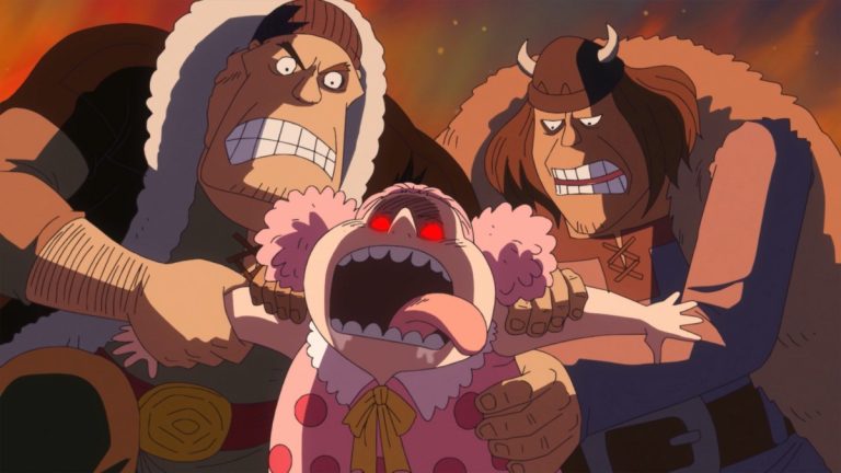 Official One Piece Episode 837 story scene from Linlin, Mother Carmel, Streusen, Big Mom, Bege, Chiffon, Pez, Sanji, Judge, Reiju, Germa, Luffy, Katakuri, Caesar, Stussy, Du Feld, Vito, Gotti, Perospero, Smoothie, Oven, and the Charlotte family