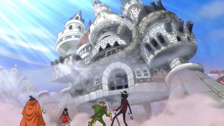 Official One Piece Episode 839 story scene from Linlin, Mother Carmel, Streusen, Big Mom, Bege, Chiffon, Pez, Sanji, Judge, Reiju, Germa, Luffy, Katakuri, Caesar, Stussy, Du Feld, Vito, Gotti, Perospero, Smoothie, Oven, and the Charlotte family