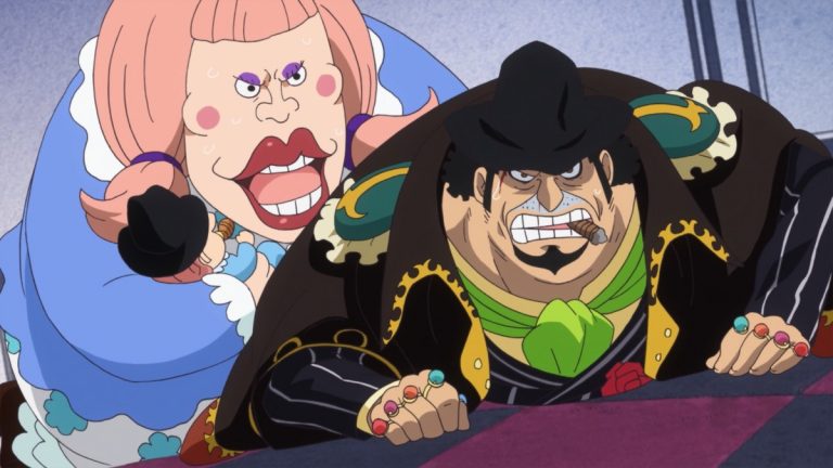 Official One Piece Episode 840 story scene from Linlin, Mother Carmel, Streusen, Big Mom, Bege, Chiffon, Pez, Sanji, Judge, Reiju, Germa, Luffy, Katakuri, Caesar, Stussy, Du Feld, Vito, Gotti, Perospero, Smoothie, Oven, and the Charlotte family