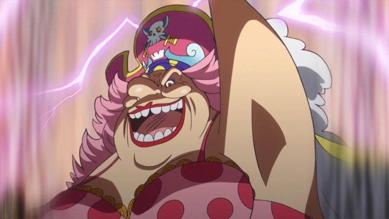 Official One Piece Episode 841 story scene from Linlin, Mother Carmel, Streusen, Big Mom, Bege, Chiffon, Pez, Sanji, Judge, Reiju, Germa, Luffy, Katakuri, Caesar, Stussy, Du Feld, Vito, Gotti, Perospero, Smoothie, Oven, and the Charlotte family