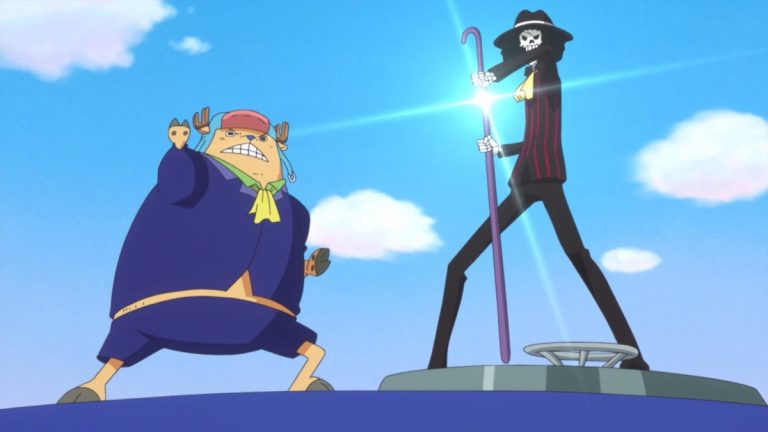 Official One Piece Episode 847 story scene from Sanji, Pudding, Chiffon, Luffy, Chopper, Brook, Pedro, Carrot, Katakuri, Perospero, Nami, Jinbe, Big Mom, Brûlée, Zeus, Bege, Pez, Lola, the Seducing Woods homies, and the Sunny