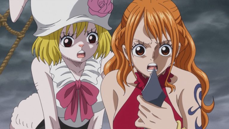 Official One Piece Episode 853 story scene from Luffy, Katakuri, Sanji, Pudding, Chiffon, Jinbe, Nami, Big Mom, Brûlée, Bege, Custard, Germa, Mogura, the WCI 31 chefs, the Sunny, Mirror World, Chocolat Town, and the Green Room