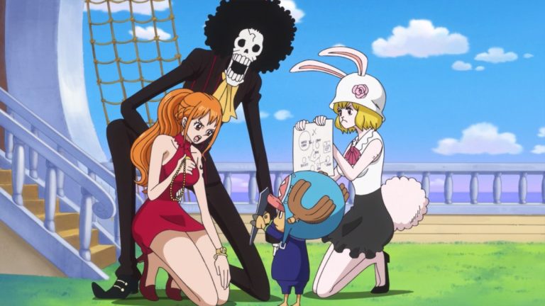 Official One Piece Episode 854 story scene from Luffy, Katakuri, Sanji, Pudding, Chiffon, Jinbe, Nami, Big Mom, Brûlée, Bege, Custard, Germa, Mogura, the WCI 31 chefs, the Sunny, Mirror World, Chocolat Town, and the Green Room
