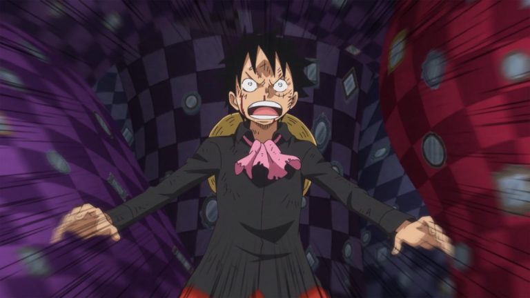 Official One Piece Episode 855 story scene from Luffy, Katakuri, Sanji, Pudding, Chiffon, Jinbe, Nami, Big Mom, Brûlée, Bege, Custard, Germa, Mogura, the WCI 31 chefs, the Sunny, Mirror World, Chocolat Town, and the Green Room