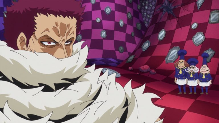 Official One Piece Episode 856 story scene from Luffy, Katakuri, Sanji, Pudding, Chiffon, Jinbe, Nami, Big Mom, Brûlée, Bege, Custard, Germa, Mogura, the WCI 31 chefs, the Sunny, Mirror World, Chocolat Town, and the Green Room