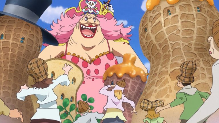 Official One Piece Episode 858 story scene from Luffy, Katakuri, Brûlée, Chiffon, Bege, Pez, Pound, Sanji, Pudding, Praline, Aladine, Oven, Perospero, Amande, Big Mom, Mont-d’Or, Rayleigh, the WCI 31 chefs, Nostra Castello, the Sunny, Mirror World, Nut Island, and Kakao Island