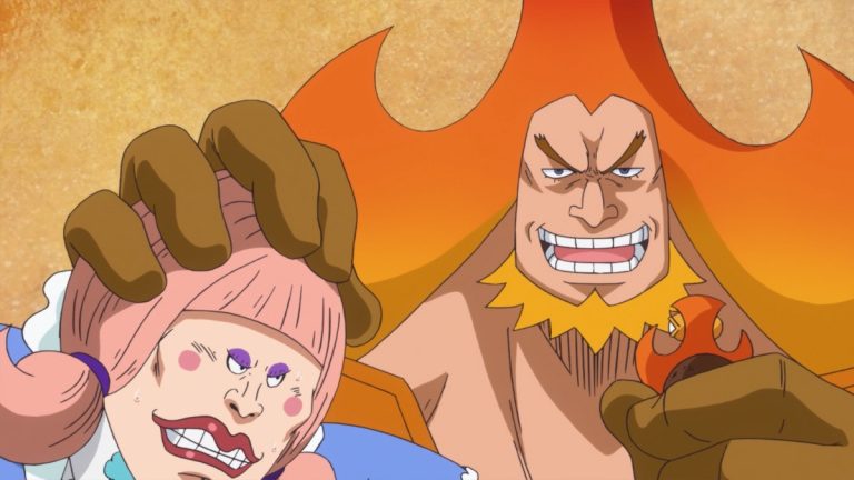 Official One Piece Episode 860 story scene from Luffy, Katakuri, Brûlée, Chiffon, Bege, Pez, Pound, Sanji, Pudding, Praline, Aladine, Oven, Perospero, Amande, Big Mom, Mont-d’Or, Rayleigh, the WCI 31 chefs, Nostra Castello, the Sunny, Mirror World, Nut Island, and Kakao Island