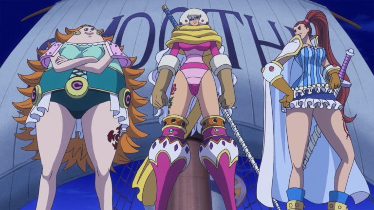 Official One Piece Episode 872 story scene from Luffy, Sanji, Pekoms, Pedro, Oven, Smoothie, Germa 66, Judge, Ichiji, Niji, Yonji, Reiju, Jinbe, Aladine, Wadatsumi, Praline, Big Mom, Pudding, Chiffon, Bege, Morgans, Stussy, the Sunny, Nostra Castello, Queen Mama Chanter, Kakao Island, and Liquor Island