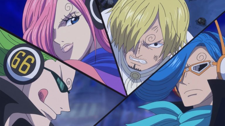 Official One Piece Episode 873 story scene from Luffy, Sanji, Pekoms, Pedro, Oven, Smoothie, Germa 66, Judge, Ichiji, Niji, Yonji, Reiju, Jinbe, Aladine, Wadatsumi, Praline, Big Mom, Pudding, Chiffon, Bege, Morgans, Stussy, the Sunny, Nostra Castello, Queen Mama Chanter, Kakao Island, and Liquor Island
