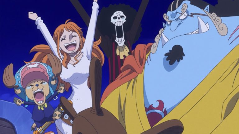Official One Piece Episode 874 story scene from Luffy, Sanji, Pekoms, Pedro, Oven, Smoothie, Germa 66, Judge, Ichiji, Niji, Yonji, Reiju, Jinbe, Aladine, Wadatsumi, Praline, Big Mom, Pudding, Chiffon, Bege, Morgans, Stussy, the Sunny, Nostra Castello, Queen Mama Chanter, Kakao Island, and Liquor Island