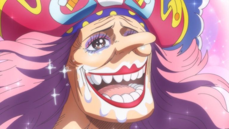 Official One Piece Episode 875 story scene from Luffy, Sanji, Pekoms, Pedro, Oven, Smoothie, Germa 66, Judge, Ichiji, Niji, Yonji, Reiju, Jinbe, Aladine, Wadatsumi, Praline, Big Mom, Pudding, Chiffon, Bege, Morgans, Stussy, the Sunny, Nostra Castello, Queen Mama Chanter, Kakao Island, and Liquor Island