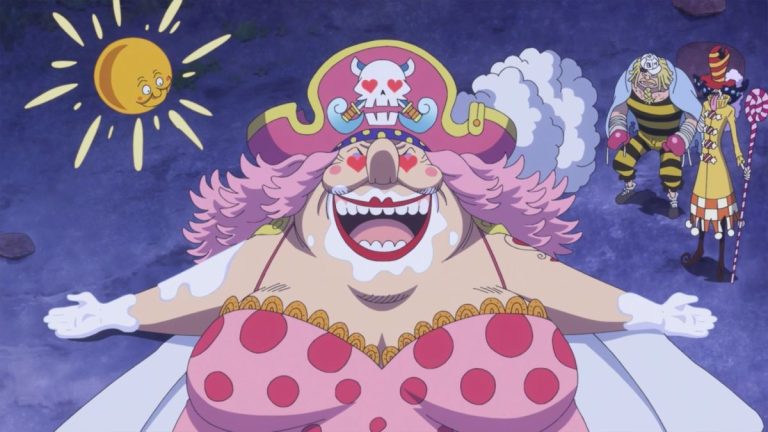 Official One Piece Episode 876 story scene from Luffy, Sanji, Pekoms, Pedro, Oven, Smoothie, Germa 66, Judge, Ichiji, Niji, Yonji, Reiju, Jinbe, Aladine, Wadatsumi, Praline, Big Mom, Pudding, Chiffon, Bege, Morgans, Stussy, the Sunny, Nostra Castello, Queen Mama Chanter, Kakao Island, and Liquor Island