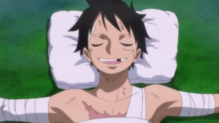Official One Piece Episode 877 story scene from Pudding, Sanji, Carrot, Pedro, Katakuri, Brûlée, Jinbe, Luffy, Shanks, Nami, Zeus, Shirahoshi, Morgans, Koby, Rebecca, Leo, Viola, Belo Betty, Morley, Lindbergh, Karasu, Moda, Pinkbeard, Sabo, Dragon, Ivankov, Sakazuki, Kizaru, Fujitora, Green Bull, Sengoku, Ace, Bon Clay, and Whitebeard